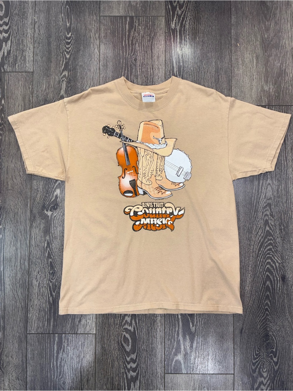 Vintage 90s Women’s L Tan Graphic Tee - Country Music Design Western Rodeo